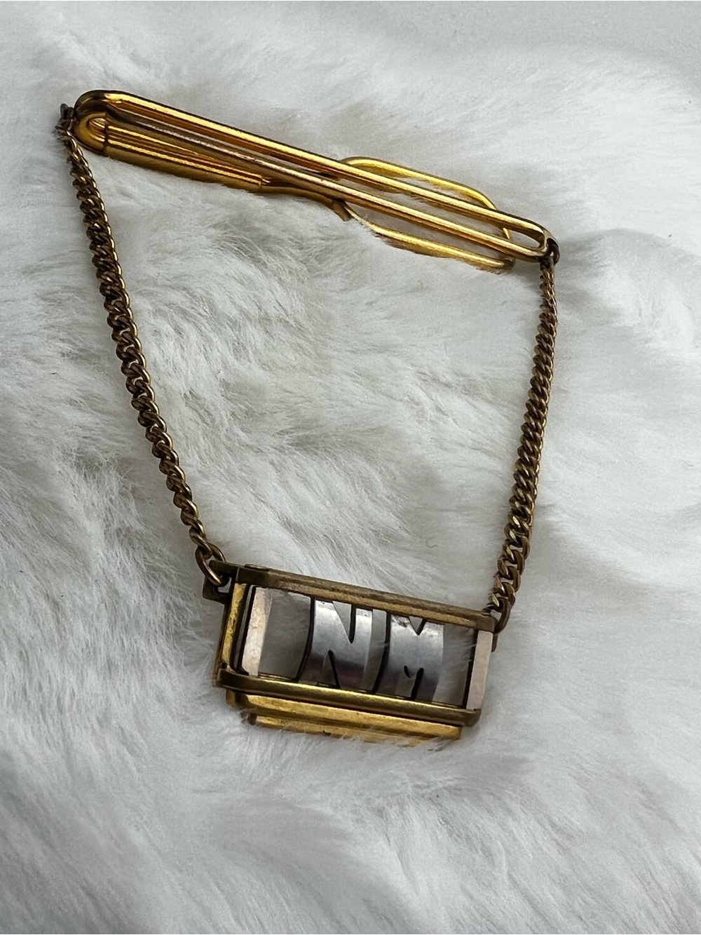 Vintage Swank Art Deco Monogram Tie Chain "NM" Pat. 1865995